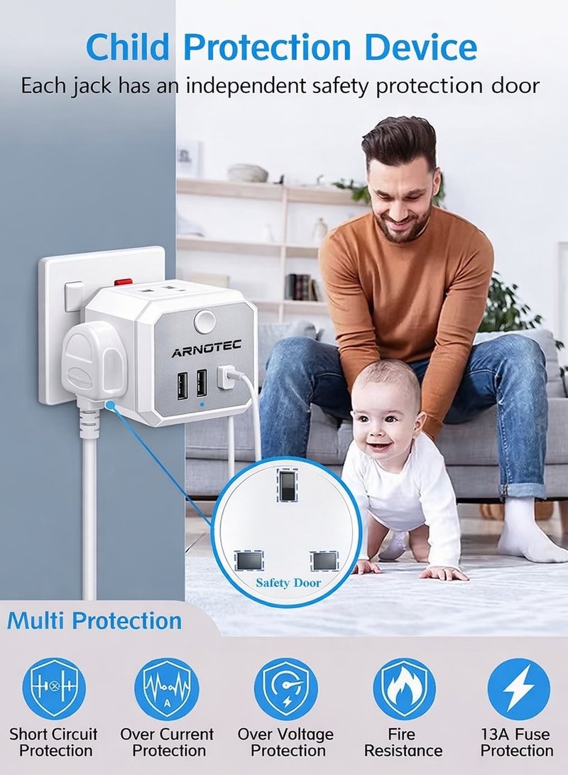 ARNOTEC مكعب توصيل متعدد 7 في 1 مع USB C - 4 مآخذ AC، 2 USB-A، 1 USB-C | 3250 واط منفذ شحن سريع | شحن USB ذكي | مفتاح طاقة وضوء ليلي | محول سفر مدمج للمنزل والمكتب (قابس بريطاني) - Image 3